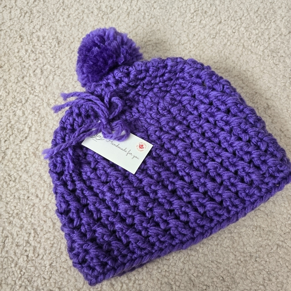 HANDMADE OOAK Pom-Pom Hat Toque Beanie Purple Crochet